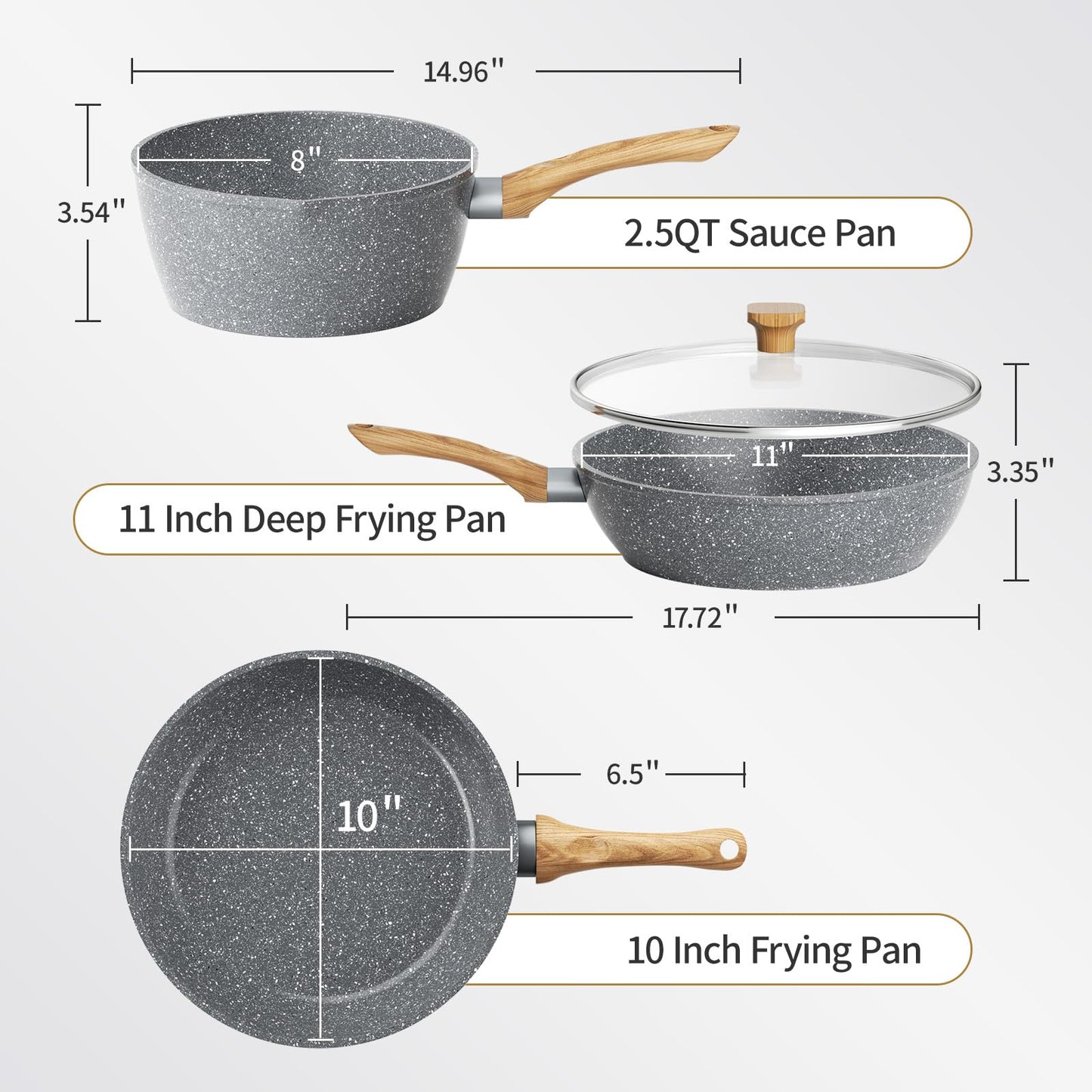 Frying Pan Set With Lids - Nonstick Cookware Set 5 Pcs, 2.5Qt Sauce Pan & 10 Inch Skillet & 11 Inch Deep Frying Pan, Non toxic Kitchen Cooking Set,PFOA Free